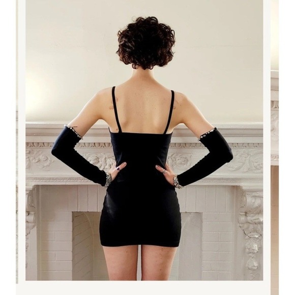 Vintage 90s Contempo Strappy Bodycon Mini Dress S Black Bejeweled Party Clubwear - Picture 2 of 16